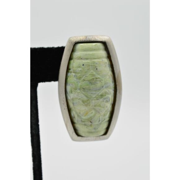 Vintage Earrings Brushed Silver Faux Green Stone Cabochon Statement 1980s 9G - Picture 2 of 12